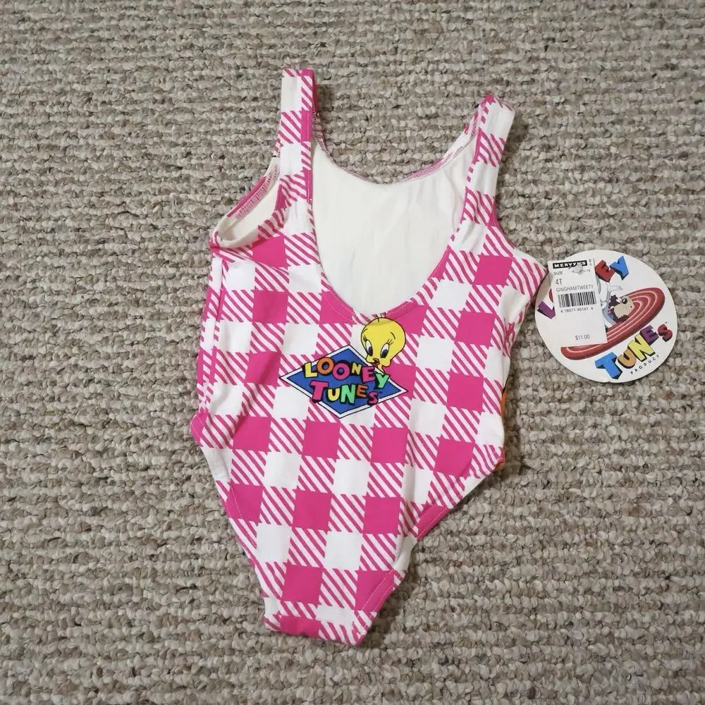 NWT Looney Tunes Tweety Bird Pink Gingham One Piece Bathing Suit Swim 4T Cute